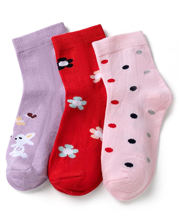 Cute Walk by Babyhug Knit Anti Bacterial Ankle Length Socks With Bunny Floral & Polka Dots Design Pack of 3 - Red Pink & Purple