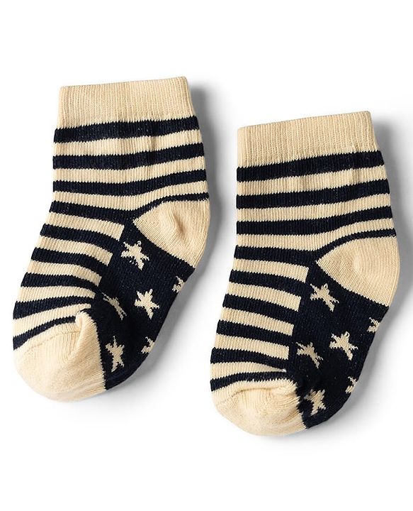 Cute Walk by Babyhug Non Terry Knit Anti-bacterial Ankle Length Striped Socks With Star Design Pack of 3 - Black & Beige