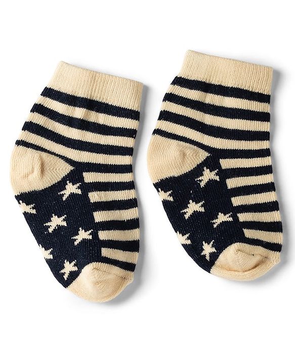 Cute Walk by Babyhug Non Terry Knit Anti-bacterial Ankle Length Striped Socks With Star Design Pack of 3 - Black & Beige
