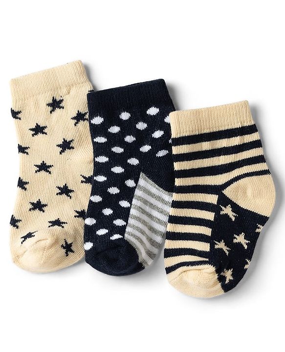 Cute Walk by Babyhug Non Terry Knit Anti-bacterial Ankle Length Striped Socks With Star Design Pack of 3 - Black & Beige