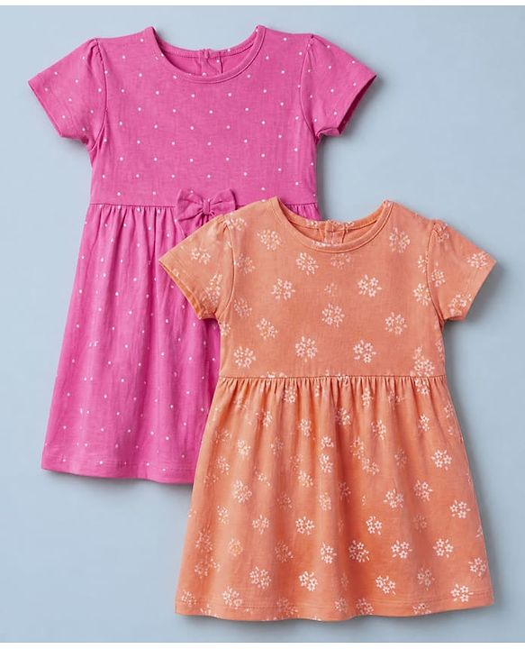 Babyhug Single Jersey Knit Frocks with Half Sleeves and Dots Print Pack of 2 in Peach & Pink