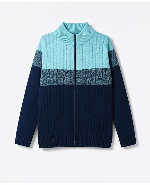 Pine Kids Knit Full Sleeves Front Open Sweater with Color Block Design - Navy Blue