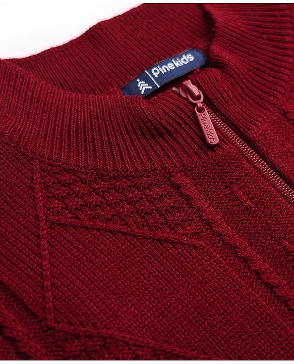 Pine Kids Knit Full Sleeves Front Open Sweater - Maroon