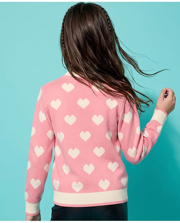 Pine Kids Knit Front Open Sweater with Full Sleeves and Heart Design - Pink