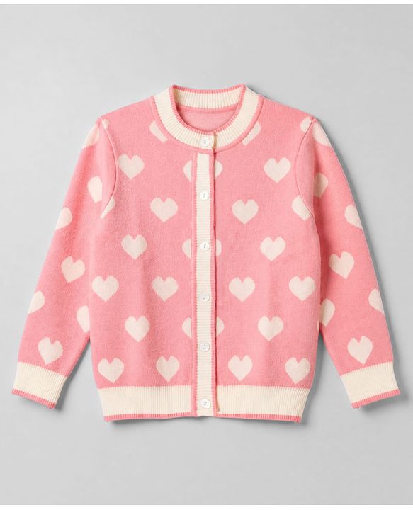 Pine Kids Knit Front Open Sweater with Full Sleeves and Heart Design - Pink