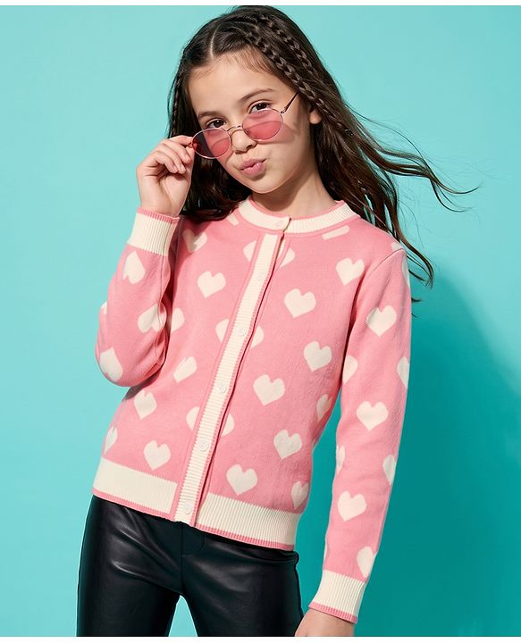 Pine Kids Knit Front Open Sweater with Full Sleeves and Heart Design - Pink