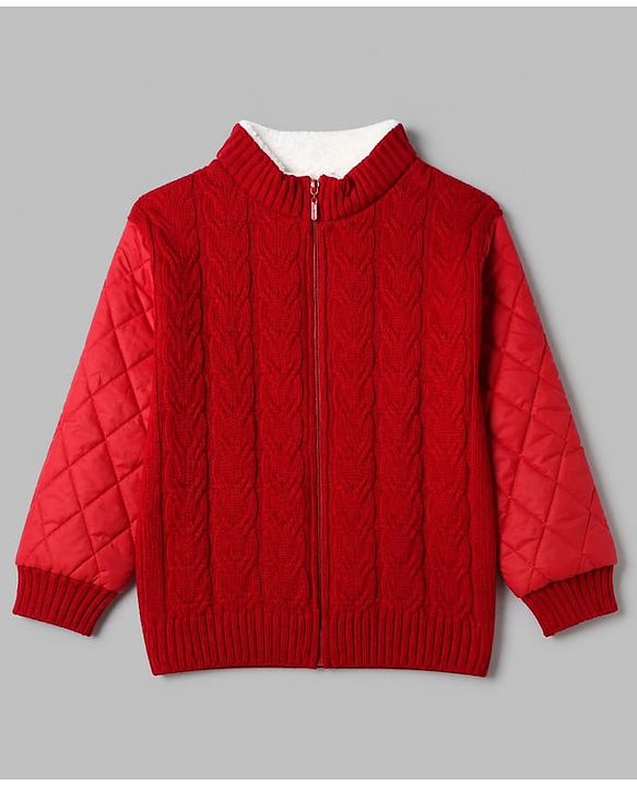 Pine Kids Knit Full Sleeves Quilted Front Open Sweater with Cable Knit Design in Red for 4-5 Years