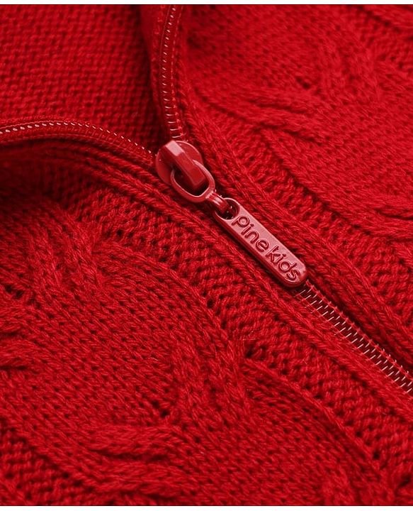 Pine Kids Knit Full Sleeves Quilted Front Open Sweater with Cable Knit Design in Red for 4-5 Years