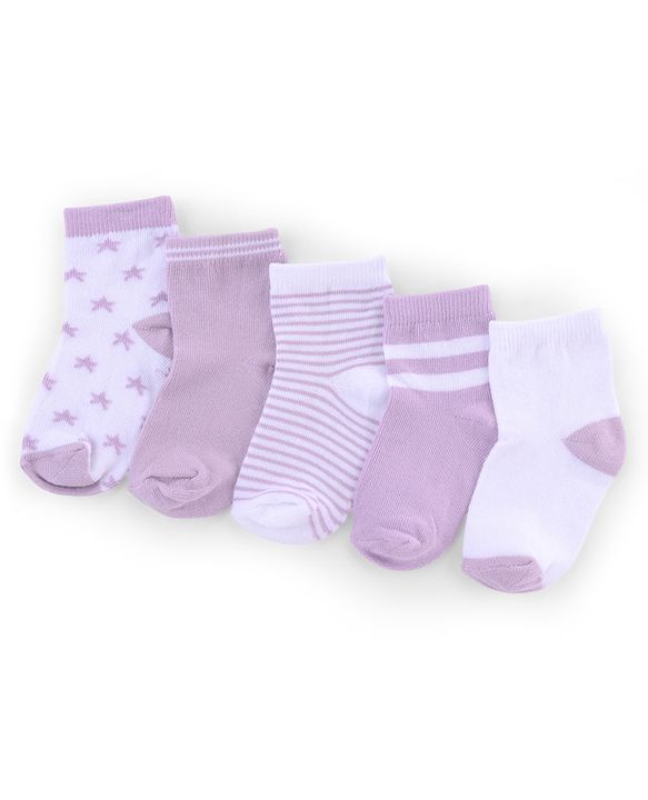 Cute Walk by Babyhug Knit Anti-Bacterial Ankle Length Striped Socks With Star Design Pack of 5 - White & Lilac