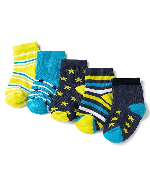 Cute Walk by Babyhug Non Terry Knit Anti-bacterial Ankle Length Striped Socks With Star Design Pack of 5 - Black, Yellow & Bllue
