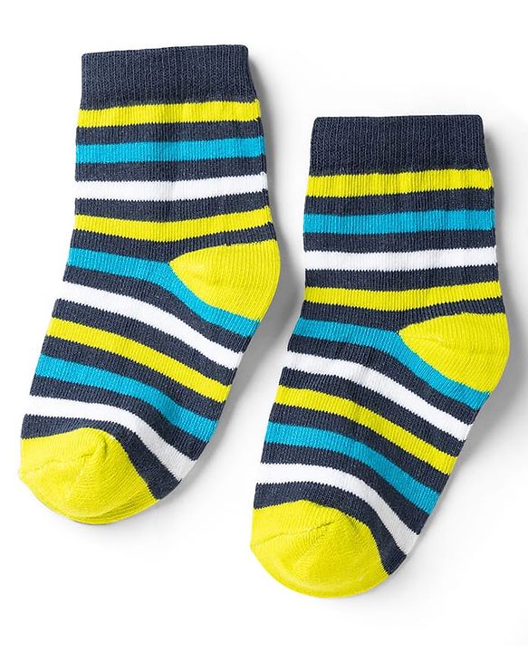 Cute Walk by Babyhug Non Terry Knit Anti-bacterial Ankle Length Striped Socks With Star Design Pack of 5 - Black, Yellow & Bllue