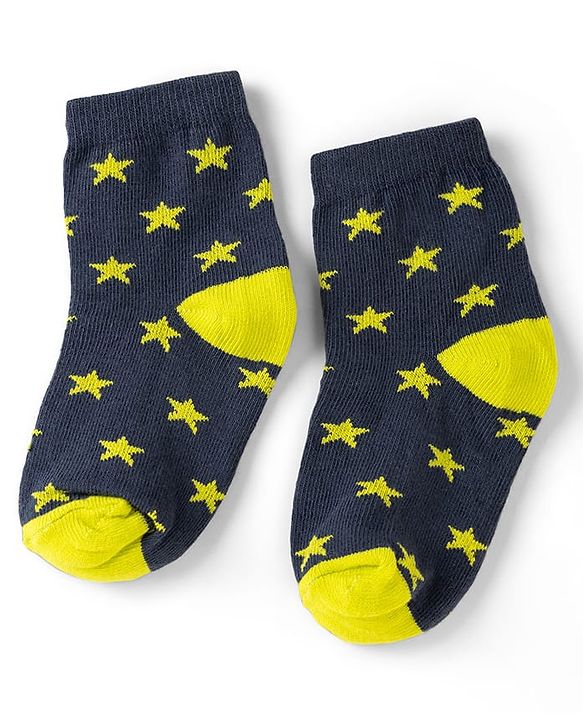 Cute Walk by Babyhug Non Terry Knit Anti-bacterial Ankle Length Striped Socks With Star Design Pack of 5 - Black, Yellow & Bllue