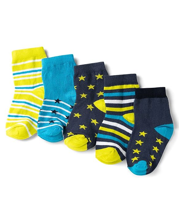Cute Walk by Babyhug Non Terry Knit Anti-bacterial Ankle Length Striped Socks With Star Design Pack of 5 - Black, Yellow & Bllue