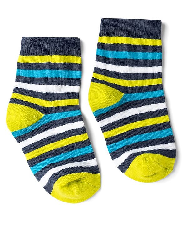 Cute Walk by Babyhug Non Terry Knit Anti-bacterial Ankle Length Striped Socks With Star Design Pack of 5 - Black, Yellow & Bllue