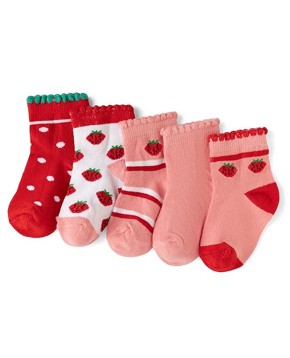 Cute Walk By Babyhug Knit Anti-Bacterial Ankle Length Socks With Polka Dots & Strawberry Print Pack of 5 - Pink