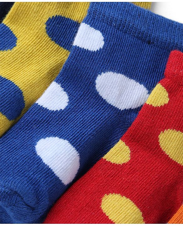 Cutewalk By Babyhug Knit Ankle Length Antibacterial Socks With Polka Dot Design Pack of 5 - Red Yellow Blue Black Sky Blue