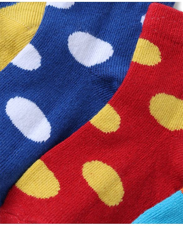 Cutewalk By Babyhug Knit Ankle Length Antibacterial Socks With Polka Dot Design Pack of 5 - Red Yellow Blue Black Sky Blue