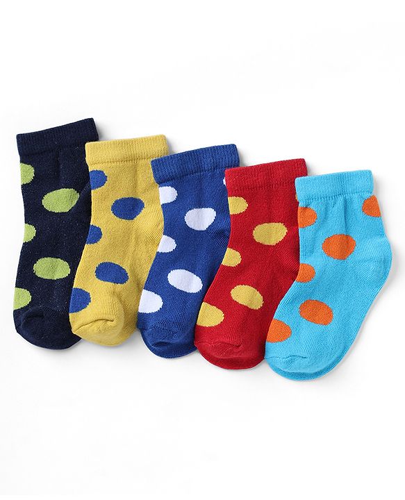 Cutewalk By Babyhug Knit Ankle Length Antibacterial Socks With Polka Dot Design Pack of 5 - Red Yellow Blue Black Sky Blue