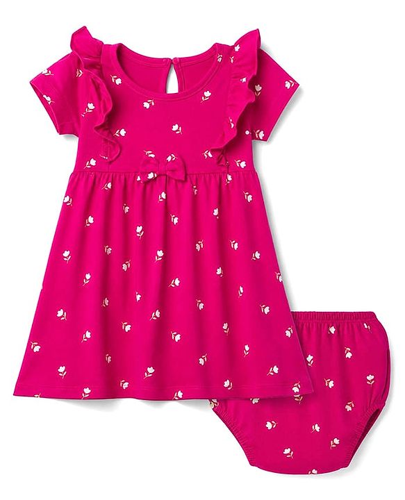 Babyhug Single Jersey Knit Frock and Bloomer with Half Sleeves and Floral Print - Pink