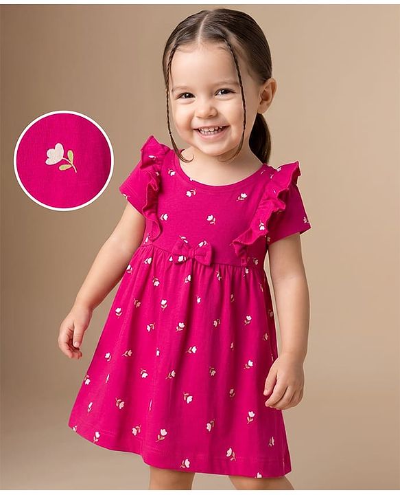 Babyhug Single Jersey Knit Frock and Bloomer with Half Sleeves and Floral Print - Pink