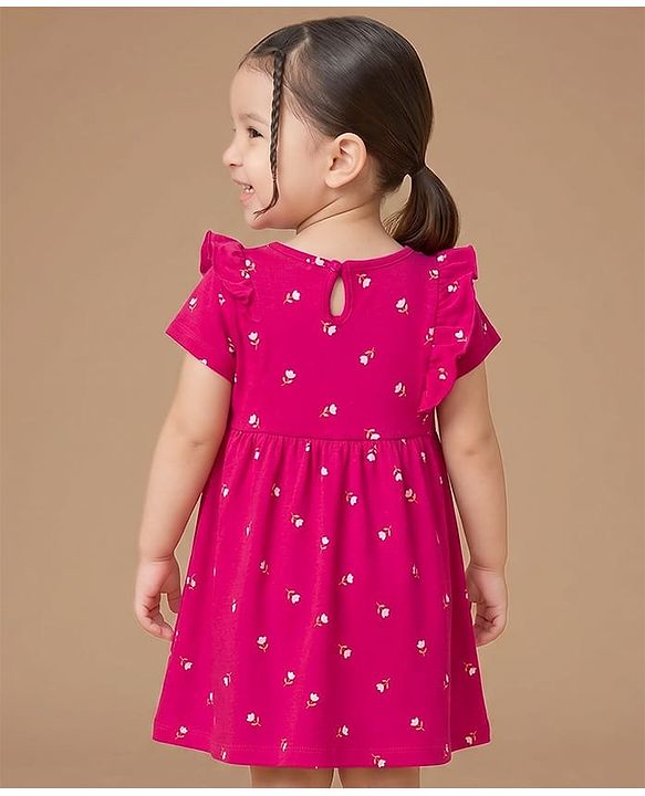 Babyhug Single Jersey Knit Frock and Bloomer with Half Sleeves and Floral Print - Pink