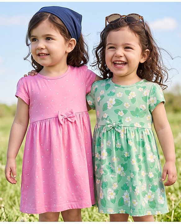 Babyhug Single Jersey Knit Half Sleeves Frock With Floral & Polka Dot Print Pack of 2 - Pink Green