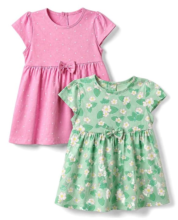 Babyhug Single Jersey Knit Half Sleeves Frock With Floral & Polka Dot Print Pack of 2 - Pink Green