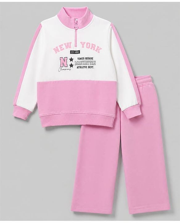 Pine Kids Cotton Looper Knit Full Sleeves Sweatshirt and Pant with Cut & Sew Detail and New York Print - Pink
