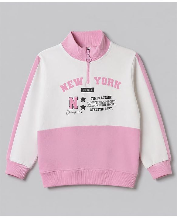 Pine Kids Cotton Looper Knit Full Sleeves Sweatshirt and Pant with Cut & Sew Detail and New York Print - Pink