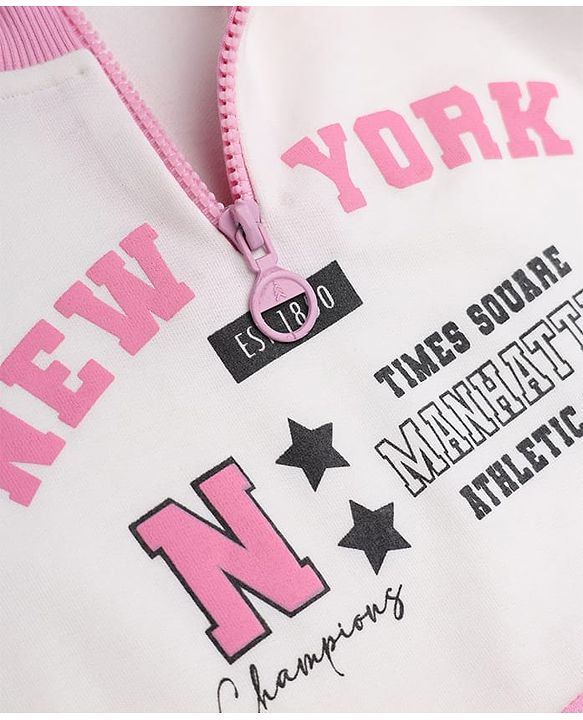 Pine Kids Cotton Looper Knit Full Sleeves Sweatshirt and Pant with Cut & Sew Detail and New York Print - Pink