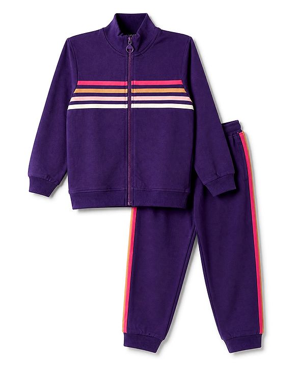 Pine Kids Looper Knit Full Sleeves Striped Winter Wear Suit - Navy Blue