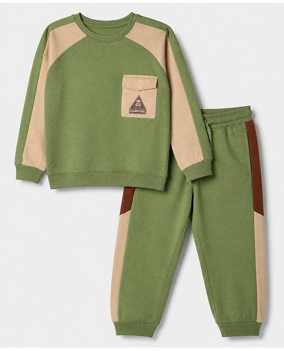 Pine Kids Looper Knit Full Sleeves Winter Wear Suit With Front Pocket & Campfire Text Print - Green