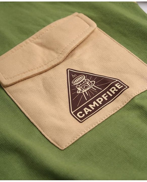 Pine Kids Looper Knit Full Sleeves Winter Wear Suit With Front Pocket & Campfire Text Print - Green