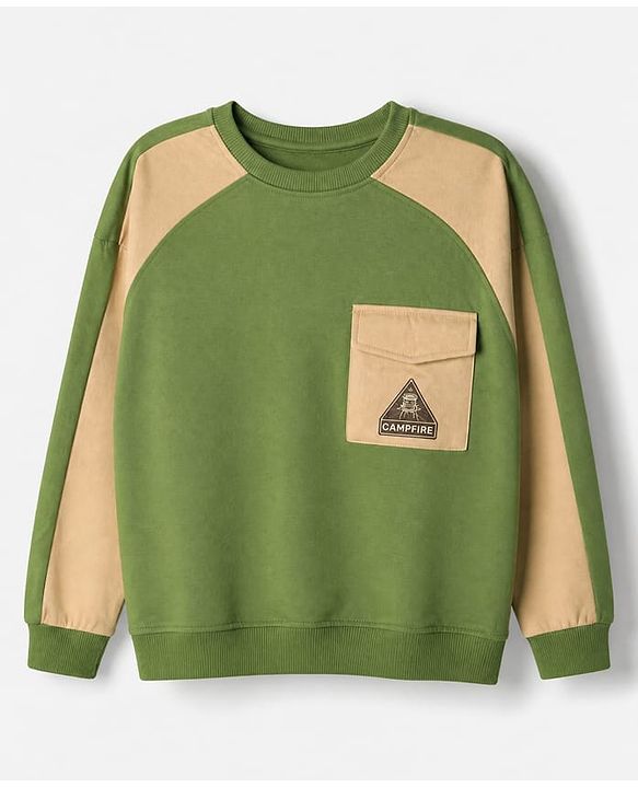 Pine Kids Looper Knit Full Sleeves Winter Wear Suit With Front Pocket & Campfire Text Print - Green
