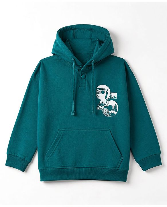 Pine Kids Looper Knit Full Sleeves Hooded Winter Wear Suit With Text Print - Dark Green