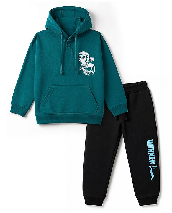 Pine Kids Looper Knit Full Sleeves Hooded Winter Wear Suit With Text Print - Dark Green