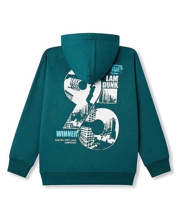 Pine Kids Looper Knit Full Sleeves Hooded Winter Wear Suit With Text Print - Dark Green