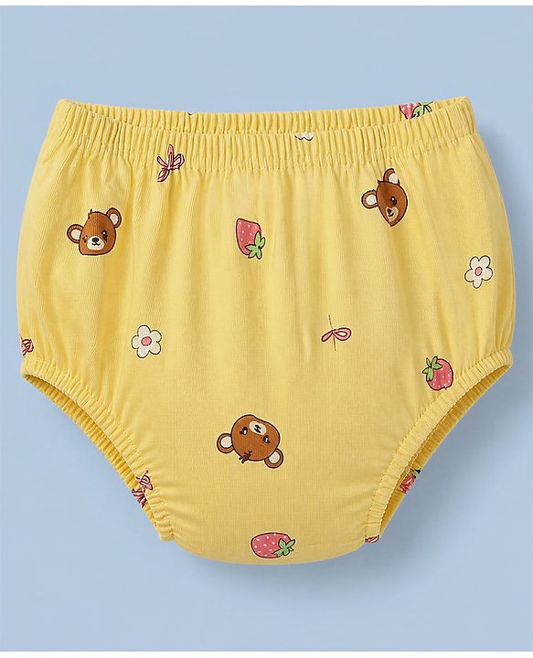 Babyhug Single Jersey Knit Frock and Bloomer with Full Sleeves and Bear Print - Yellow
