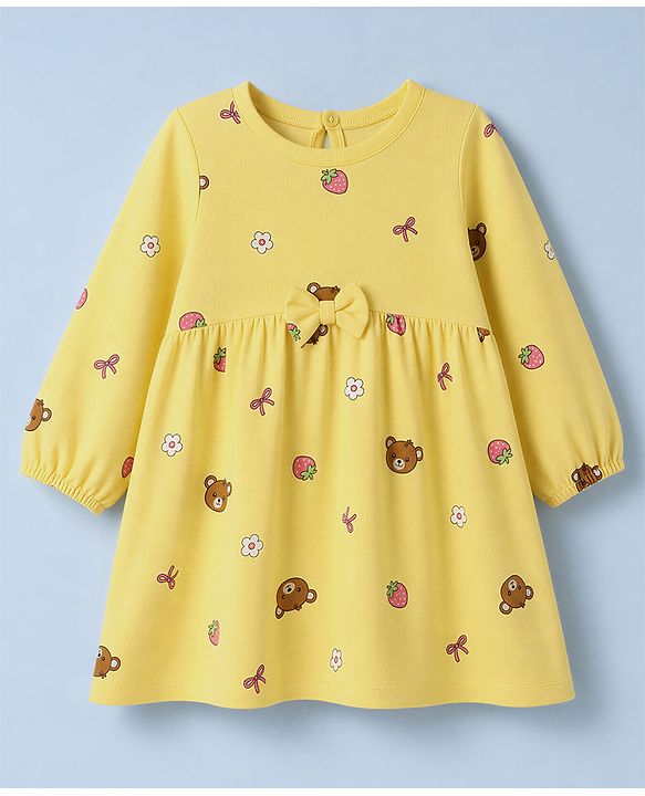 Babyhug Single Jersey Knit Frock and Bloomer with Full Sleeves and Bear Print - Yellow