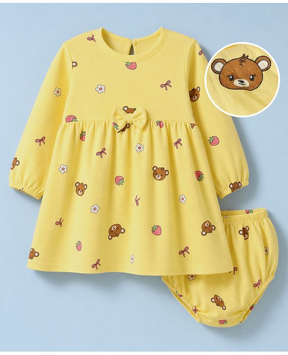 Babyhug Single Jersey Knit Frock and Bloomer with Full Sleeves and Bear Print - Yellow