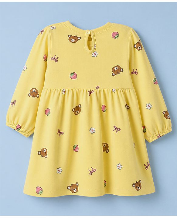 Babyhug Single Jersey Knit Frock and Bloomer with Full Sleeves and Bear Print - Yellow