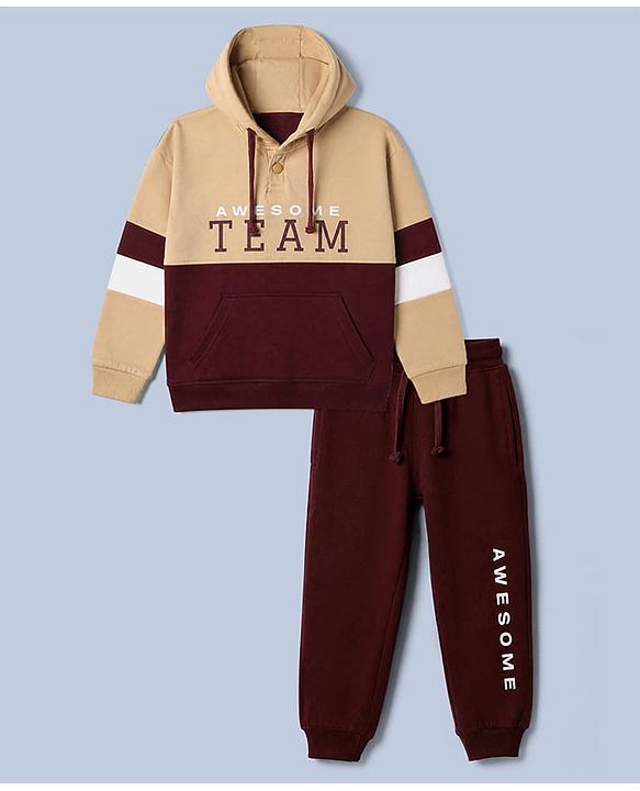 Pine Kids Cotton Knit Full Sleeves Winter Wear Suits With Awesome Team Text Print - Beige