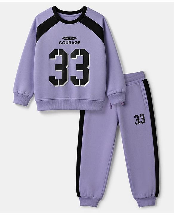 Pine Kids Cotton Looper Knit Full Sleeves Sweatshirt and Jogger with Courage 33 Print - Lavender