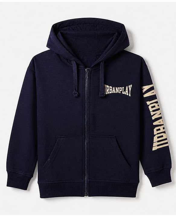 Pine Kids Looper Knit Full Sleeves Hooded Winter Wear Suit With Text Print - Navy Blue