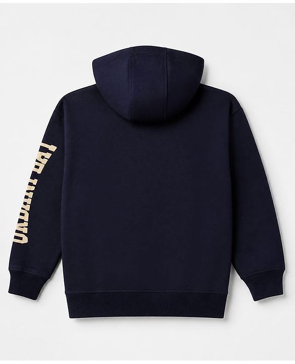 Pine Kids Looper Knit Full Sleeves Hooded Winter Wear Suit With Text Print - Navy Blue