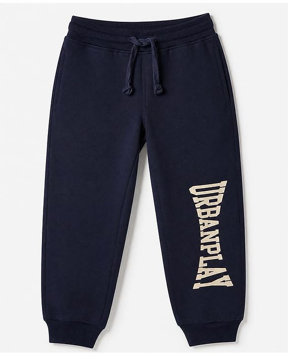 Pine Kids Looper Knit Full Sleeves Hooded Winter Wear Suit With Text Print - Navy Blue