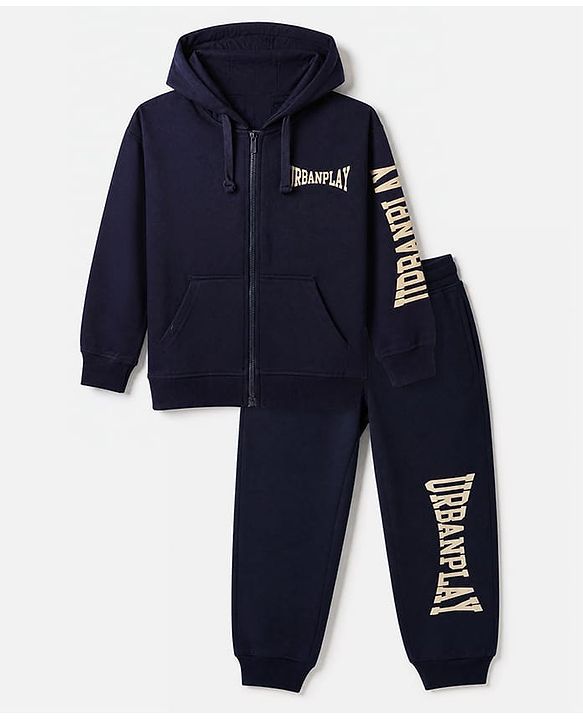 Pine Kids Looper Knit Full Sleeves Hooded Winter Wear Suit With Text Print - Navy Blue