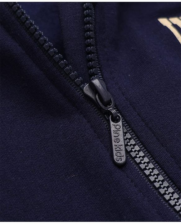 Pine Kids Looper Knit Full Sleeves Hooded Winter Wear Suit With Text Print - Navy Blue