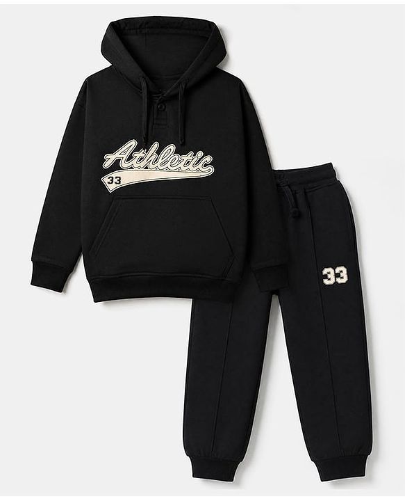 Pine Kids Cotton Looper Knit Full Sleeves Hooded Sweatshirt and Jogger with Athletic Patch - Black