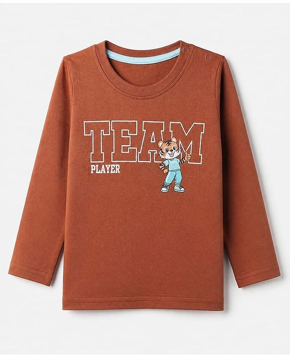 Babyhug 100% Cotton Knit T-Shirt with Full Sleeves and Tiger Print - Rust Orange